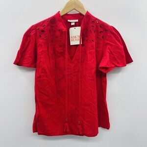 Knox Rose Womens Size XS Short Sleeve V-Neck Woven Eyelet Top in Red 1932